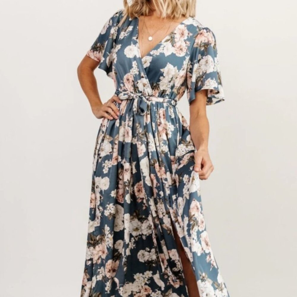 Baltic Born Teal Floral Wrap Maxi Dress with Pink & White Flowers